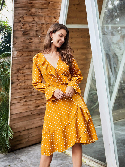 Yellow Polka Dot Long Sleeve Lace Dress - BUNNY BAZAR