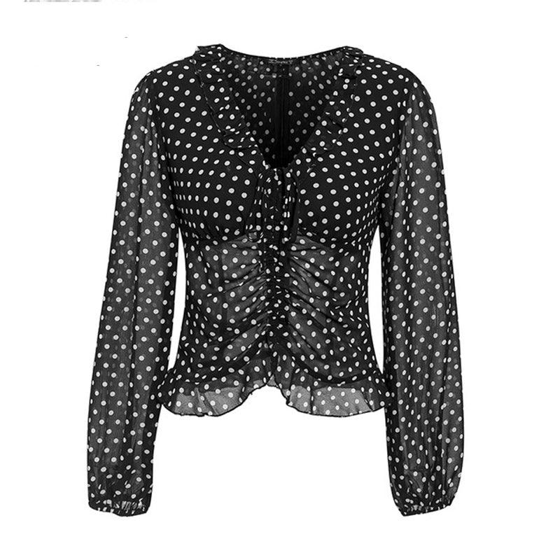 Polka-dot lace fungus long sleeve chiffon shirt - BUNNY BAZAR