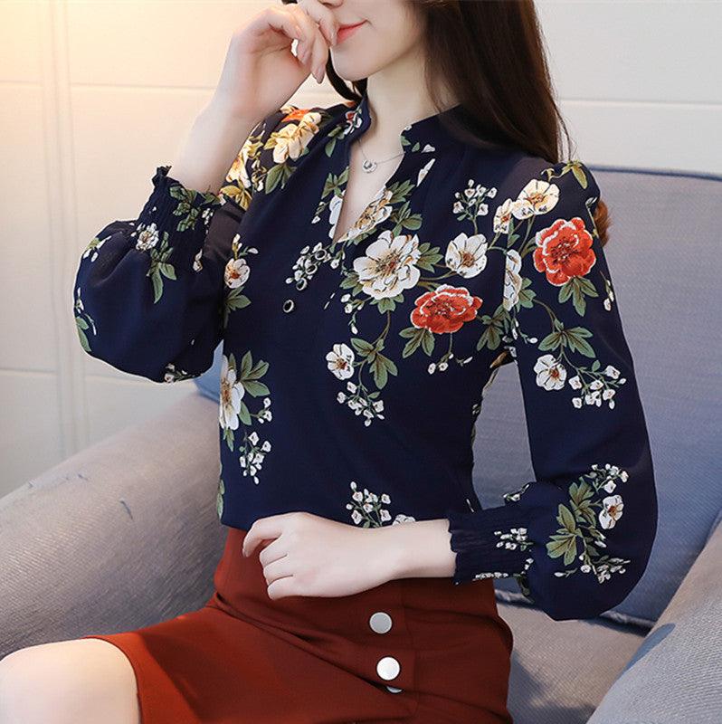 V-neck Floral Blouse Fashion Western Style Blouse - BUNNY BAZAR