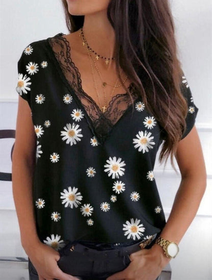 Lace V-neck Daisy Print Short Sleeves - BUNNY BAZAR