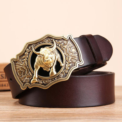 Cow Head Copper Buckle Belt Cowhide Smooth Buckle Belt - BUNNY BAZAR