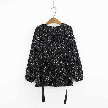 V-neck polka dot streamer long sleeve shirt - BUNNY BAZAR