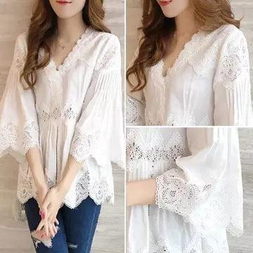 V-Neck Ruffled Lace Shirt Loose Babydoll Top Summer Shirt - BUNNY BAZAR