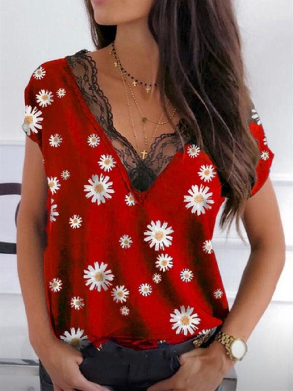 Lace V-neck Daisy Print Short Sleeves - BUNNY BAZAR