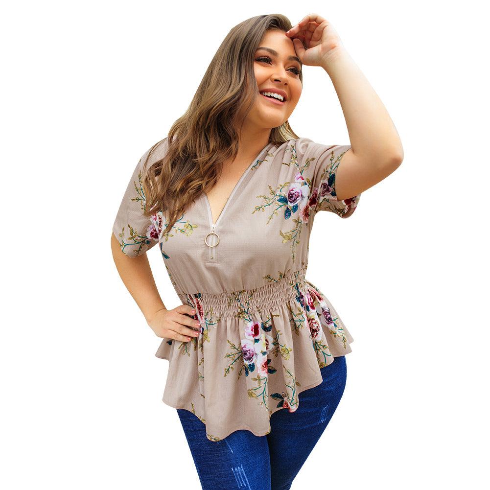 V-neck plus size shirt print top - BUNNY BAZAR