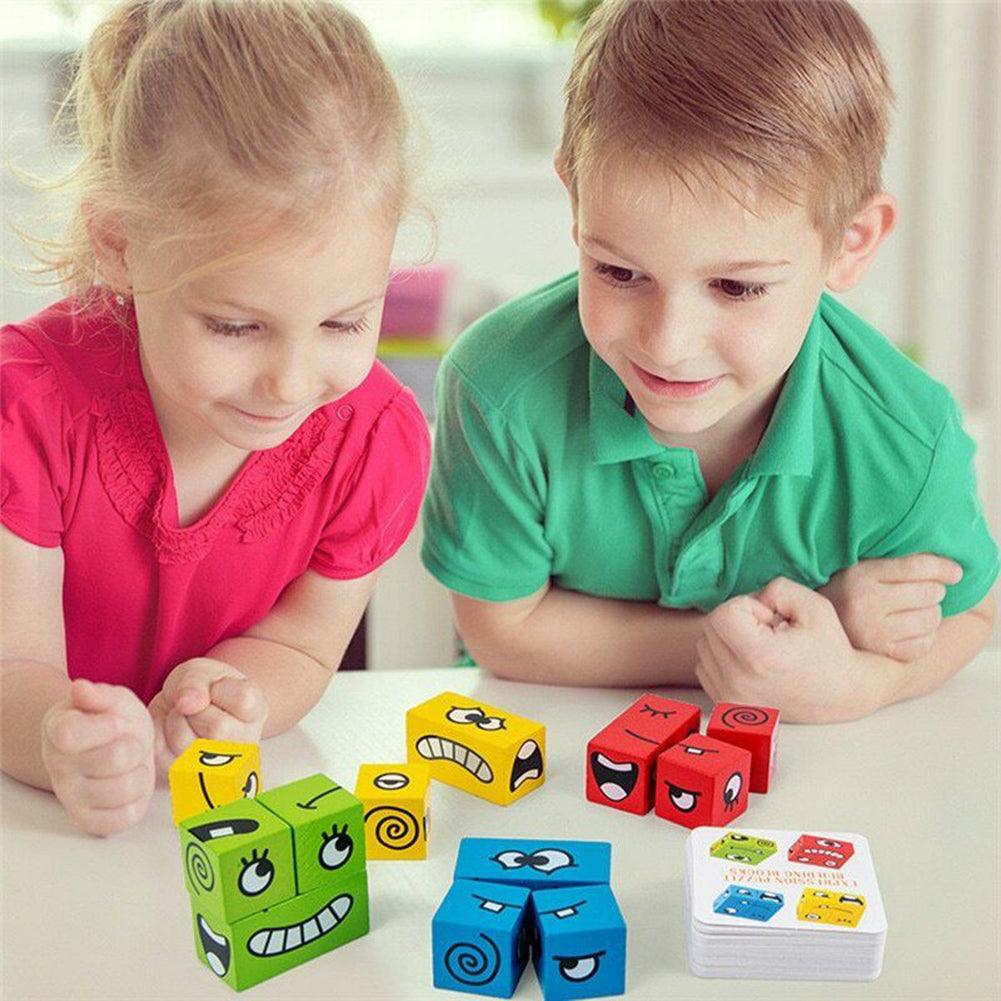 Wooden Expressions Toy Wooden Magic Cube Face Pattern Building Blocks Educational Montessori Toys Wooden Matching Block Puzzles - BUNNY BAZAR