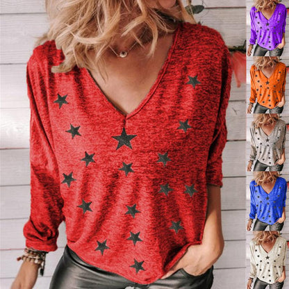 Star Print V-Neck Long Sleeve Women T-Shirt - BUNNY BAZAR