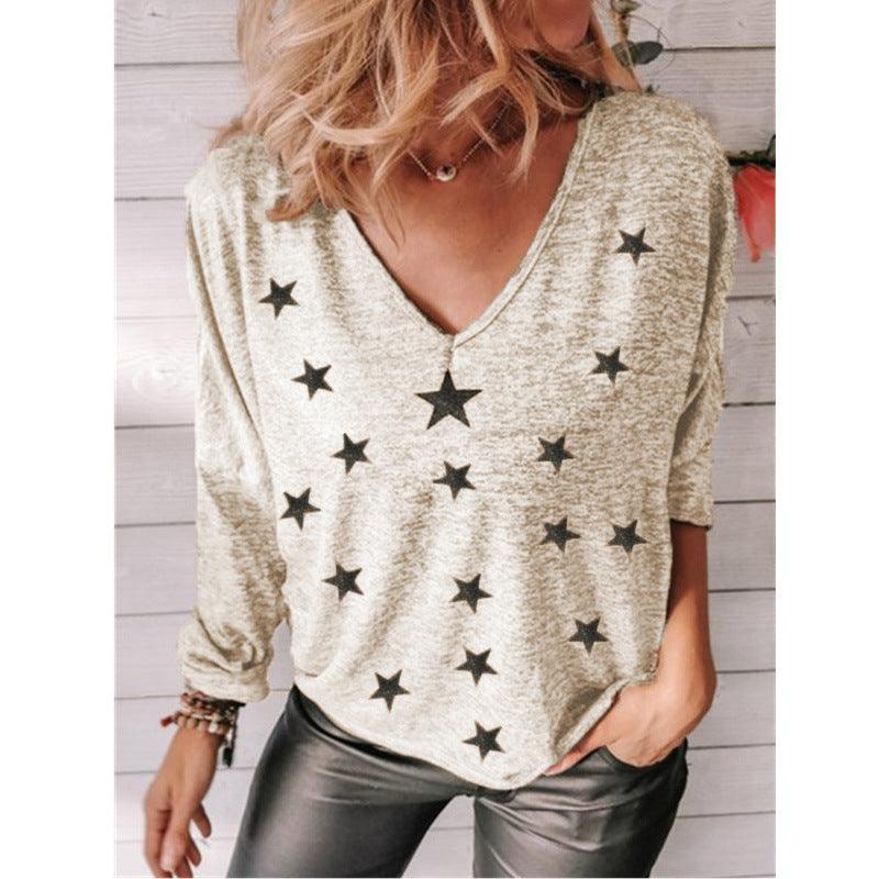 Star Print V-Neck Long Sleeve Women T-Shirt - BUNNY BAZAR