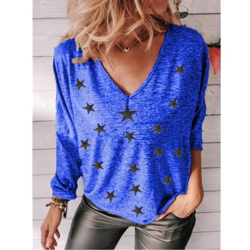 Star Print V-Neck Long Sleeve Women T-Shirt - BUNNY BAZAR