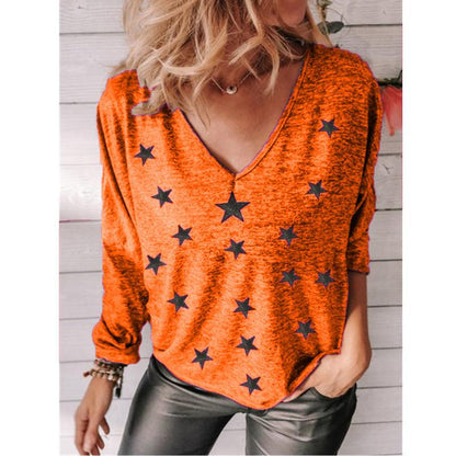 Star Print V-Neck Long Sleeve Women T-Shirt - BUNNY BAZAR