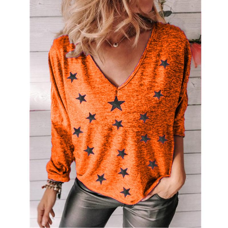 Star Print V-Neck Long Sleeve Women T-Shirt - BUNNY BAZAR