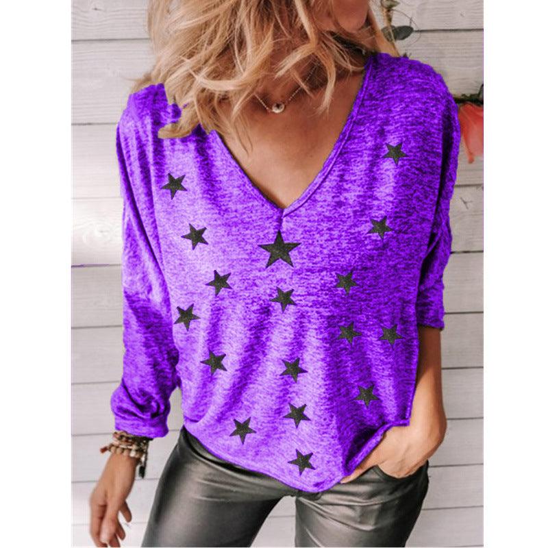 Star Print V-Neck Long Sleeve Women T-Shirt - BUNNY BAZAR