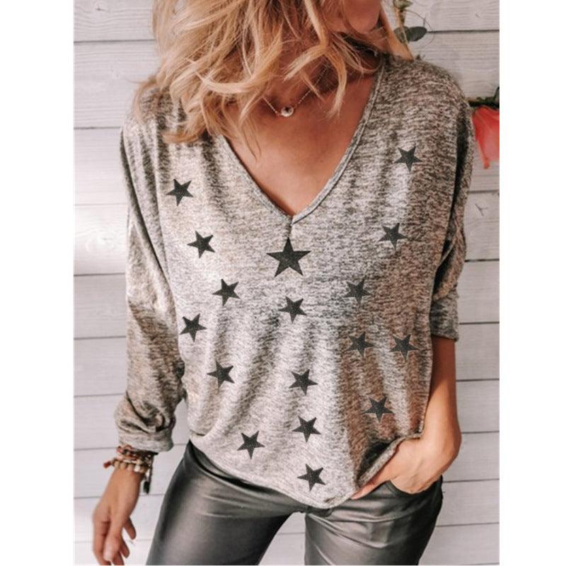 Star Print V-Neck Long Sleeve Women T-Shirt - BUNNY BAZAR