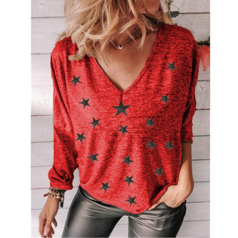 Star Print V-Neck Long Sleeve Women T-Shirt - BUNNY BAZAR