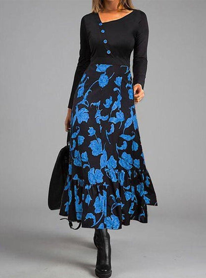 Elegant Patchwork Button Slim Waist Party Dress Retro Floral Print Long Sleeve Boho Dress Women Diagonal Collar Maxi Dress - BUNNY BAZAR