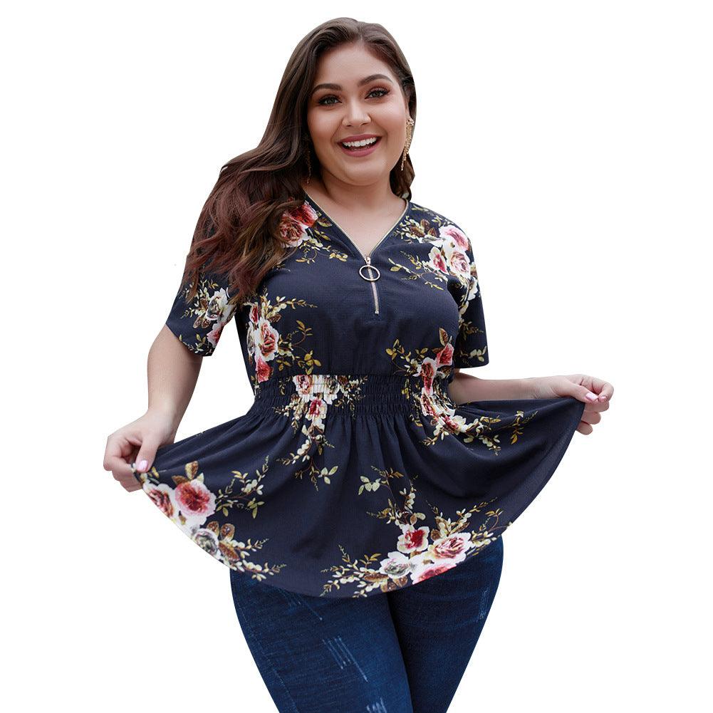 V-neck plus size shirt print top - BUNNY BAZAR