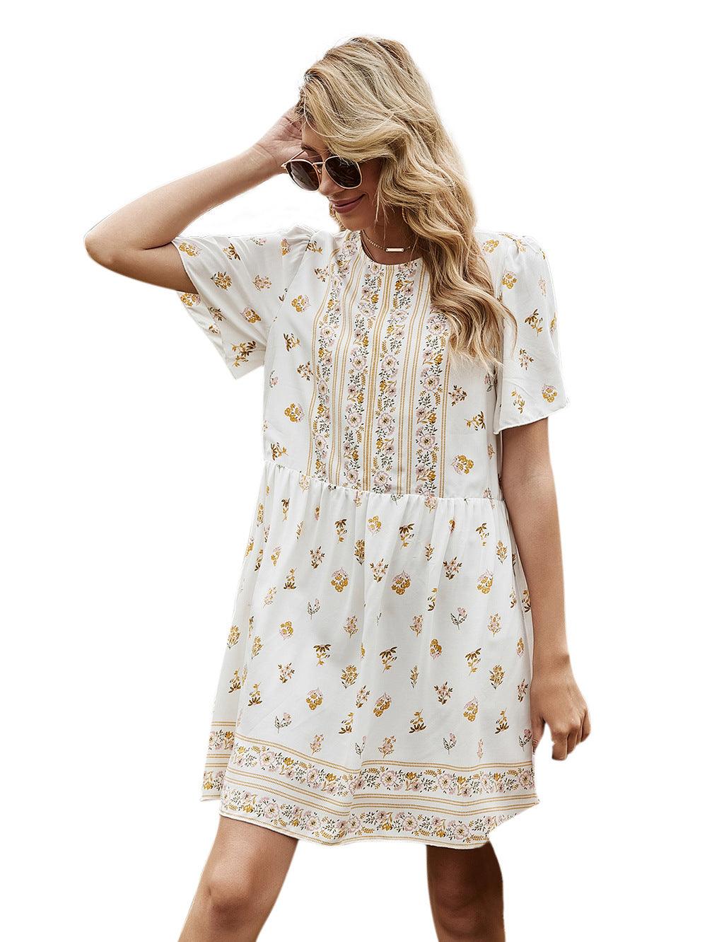 Women's High Waist Short Sleeve Printed Dress Women - BUNNY BAZAR