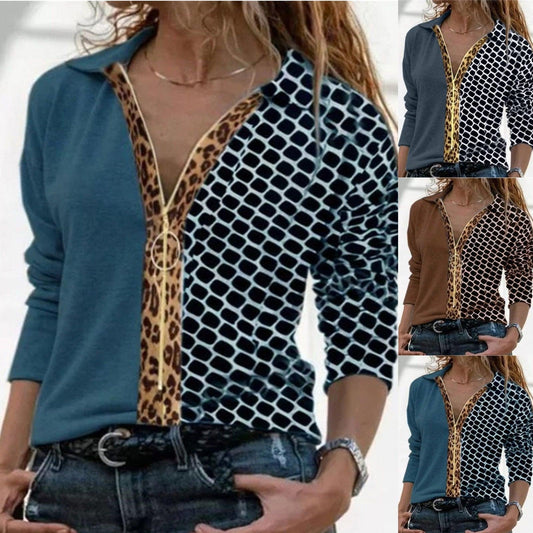 Leopard Print Stitching Long-sleeved Zipper Shirt Women - BUNNY BAZAR