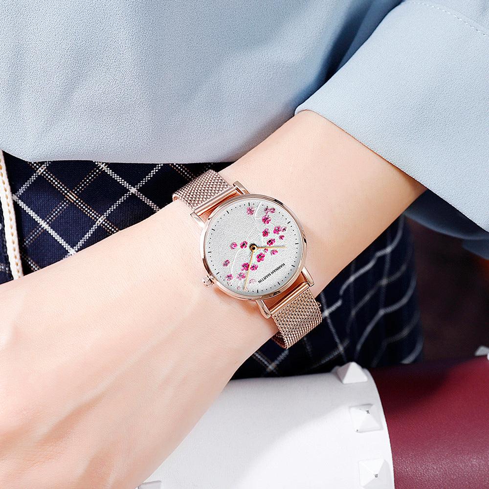 T-12 Rose Gold Plum Blossom Flower Student Ladies Watch - BUNNY BAZAR