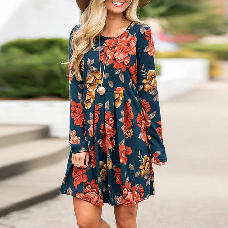 Elegant Floral Dresses for Women A-line Long Sleeve High Waist O-neck - BUNNY BAZAR