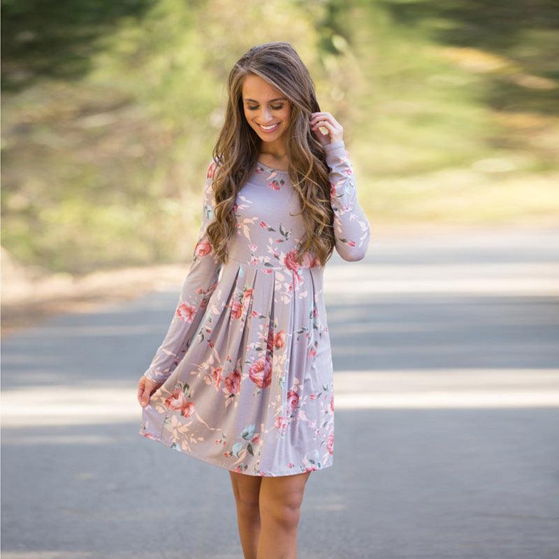 Elegant Floral Dresses for Women A-line Long Sleeve High Waist O-neck - BUNNY BAZAR