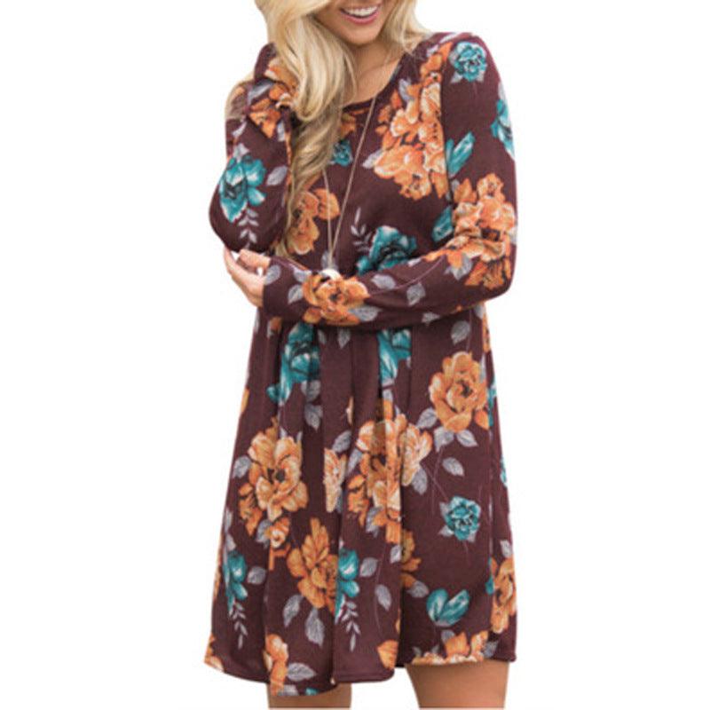 Elegant Floral Dresses for Women A-line Long Sleeve High Waist O-neck - BUNNY BAZAR