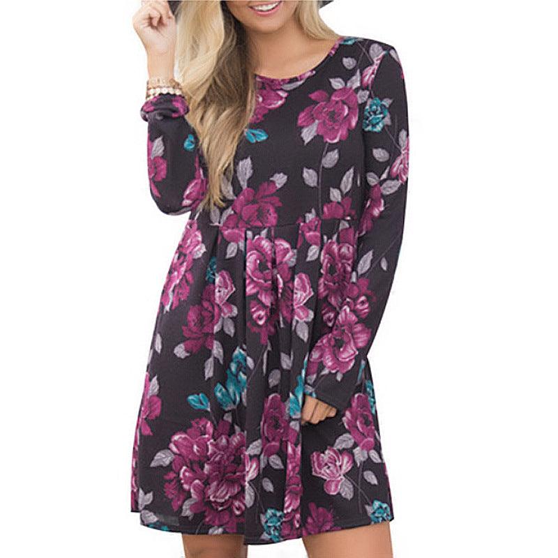 Elegant Floral Dresses for Women A-line Long Sleeve High Waist O-neck - BUNNY BAZAR