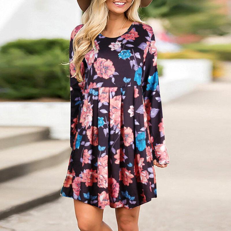 Elegant Floral Dresses for Women A-line Long Sleeve High Waist O-neck - BUNNY BAZAR