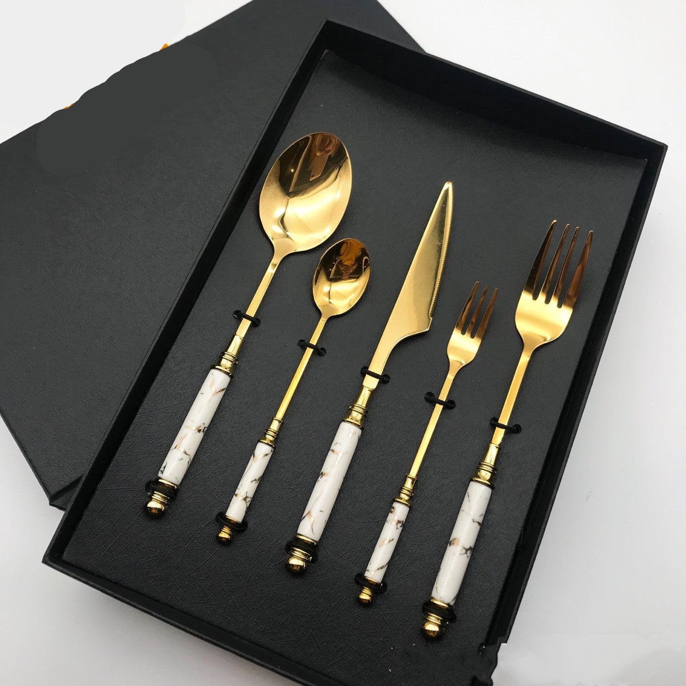 Stainless Steel Gilded Tableware With Ceramic Handle - BUNNY BAZAR