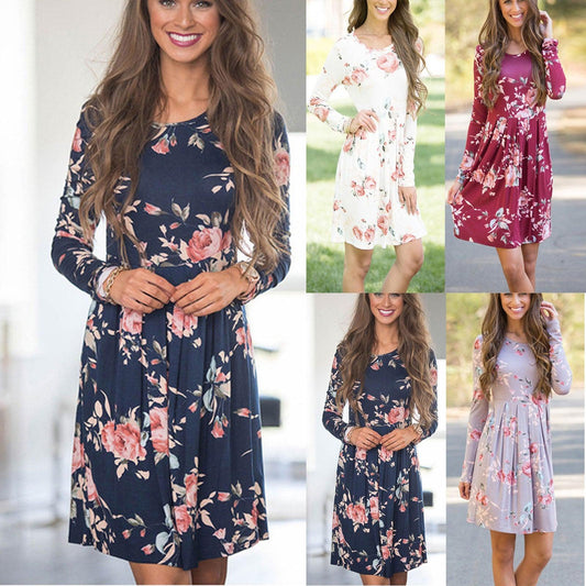 Elegant Floral Dresses for Women A-line Long Sleeve High Waist O-neck - BUNNY BAZAR