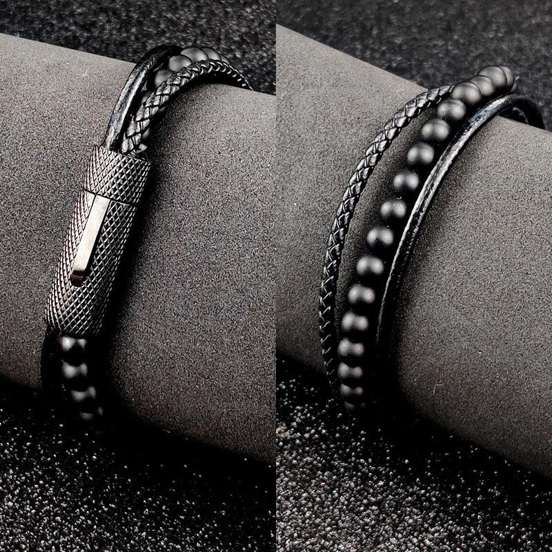 Stainless Steel Bracelet New Snap Beaded Black Leather Black Bracelet For Men - BUNNY BAZAR
