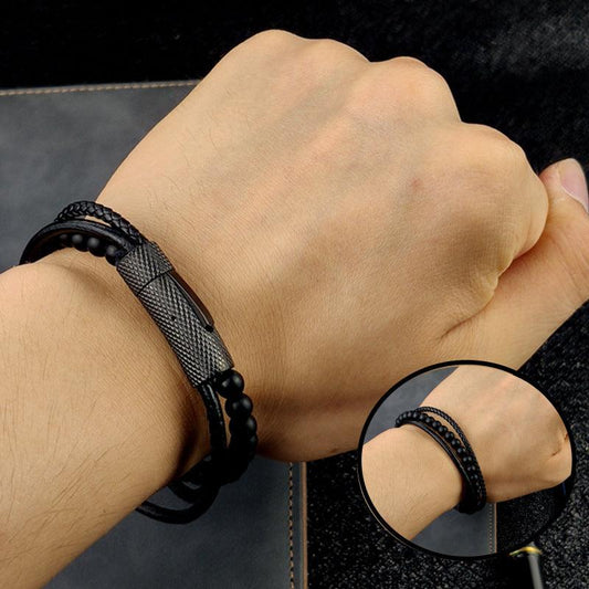 Stainless Steel Bracelet New Snap Beaded Black Leather Black Bracelet For Men - BUNNY BAZAR