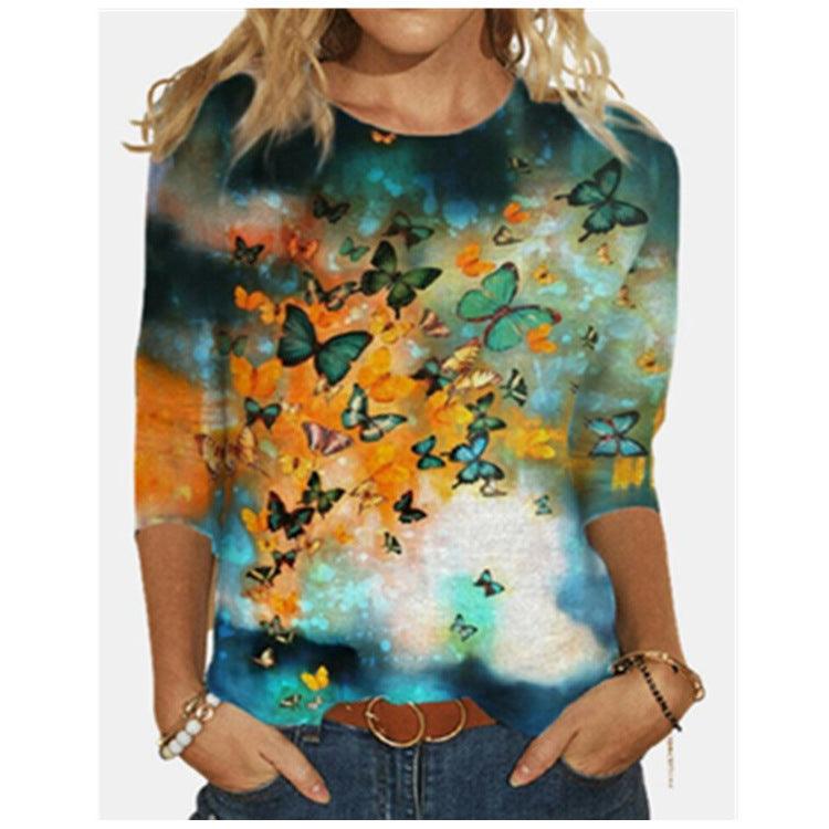 Women's New Butterfly Positioning Print T Shirt - BUNNY BAZAR