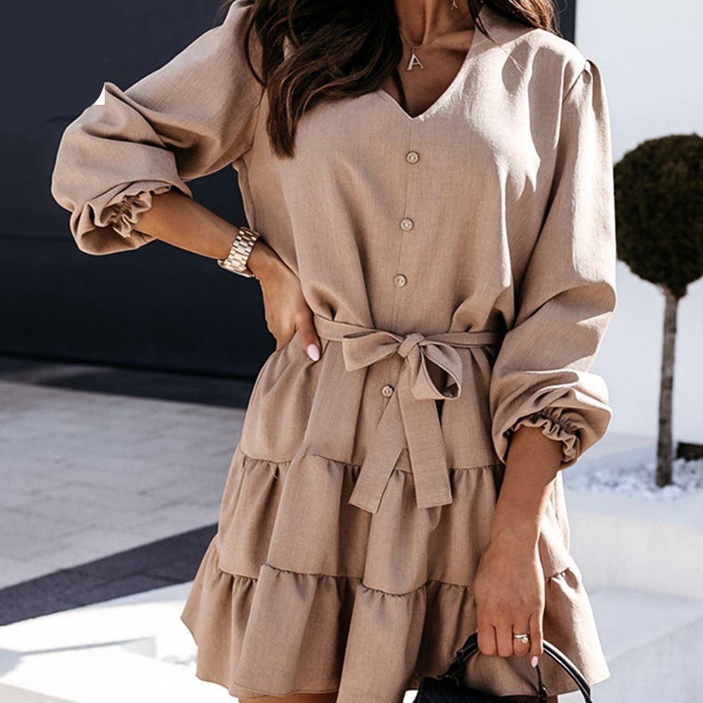 Women's V-neck Short Pleated Mini Dress Front Button Fashion Street Casual Dress Ladies Clothing - BUNNY BAZAR