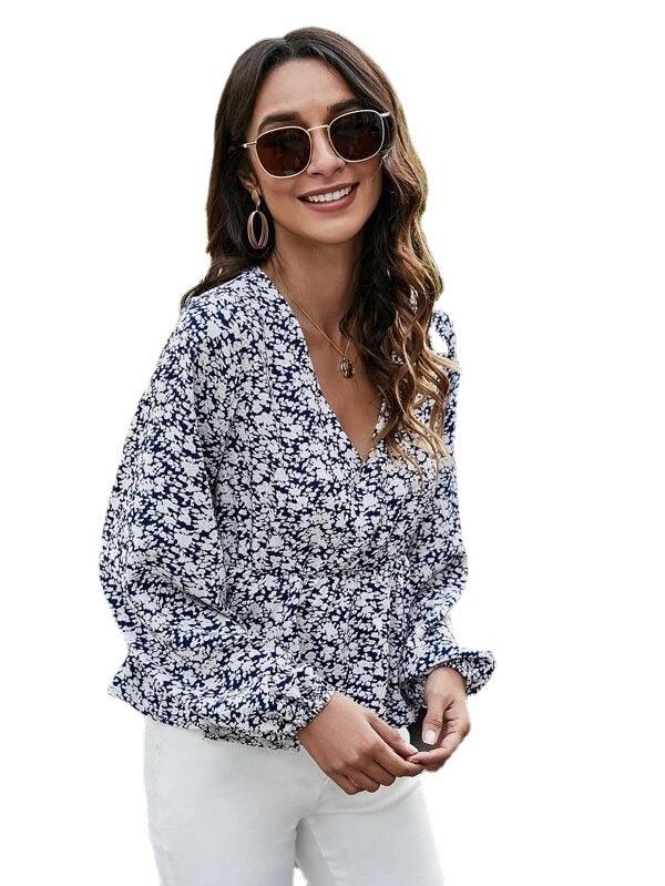 Chiffon Floral Pullover Lantern Sleeve Bottoming Shirt - BUNNY BAZAR