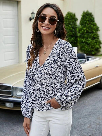 Chiffon Floral Pullover Lantern Sleeve Bottoming Shirt - BUNNY BAZAR