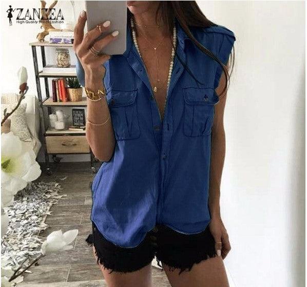 2021 Summer Women Vintage Buttons Pockets Blouses Sexy Sleeveless Jeans Denim Blue Shirts - BUNNY BAZAR