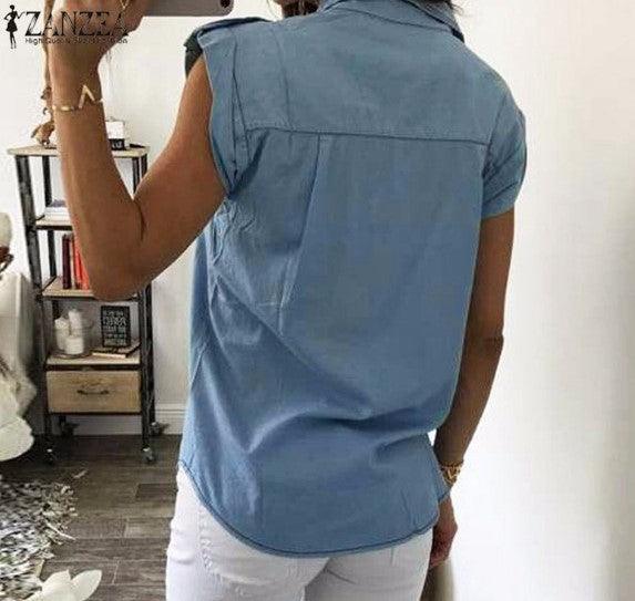 2021 Summer Women Vintage Buttons Pockets Blouses Sexy Sleeveless Jeans Denim Blue Shirts - BUNNY BAZAR