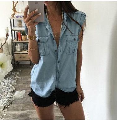 2021 Summer Women Vintage Buttons Pockets Blouses Sexy Sleeveless Jeans Denim Blue Shirts - BUNNY BAZAR