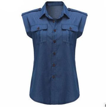 2021 Summer Women Vintage Buttons Pockets Blouses Sexy Sleeveless Jeans Denim Blue Shirts - BUNNY BAZAR