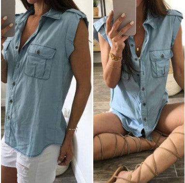 2021 Summer Women Vintage Buttons Pockets Blouses Sexy Sleeveless Jeans Denim Blue Shirts - BUNNY BAZAR