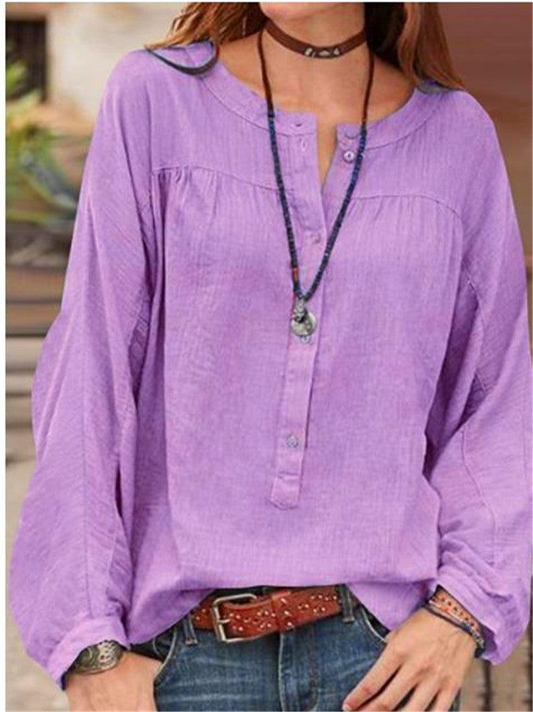 Button Solid Color Long Sleeved Casual Fashion Blouse - BUNNY BAZAR