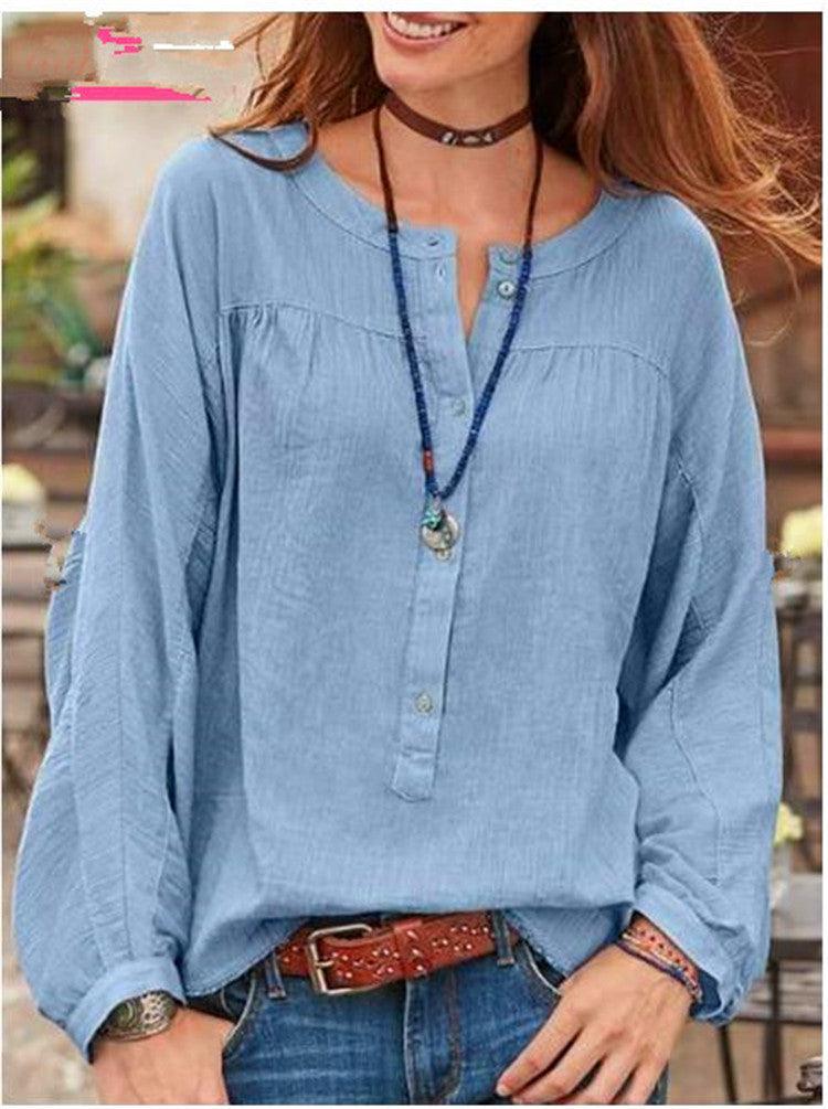 Button Solid Color Long Sleeved Casual Fashion Blouse - BUNNY BAZAR