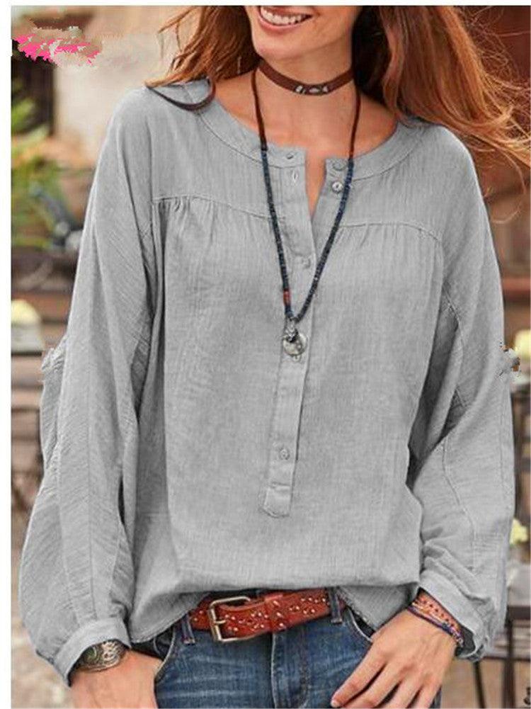 Button Solid Color Long Sleeved Casual Fashion Blouse - BUNNY BAZAR