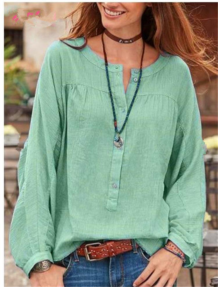 Button Solid Color Long Sleeved Casual Fashion Blouse - BUNNY BAZAR