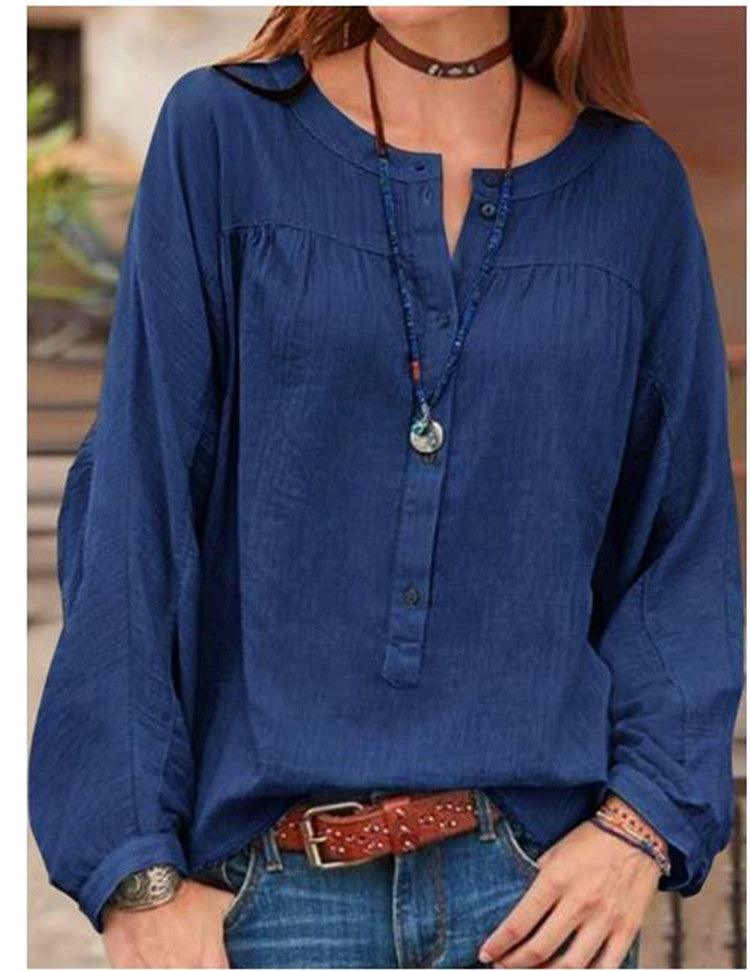 Button Solid Color Long Sleeved Casual Fashion Blouse - BUNNY BAZAR