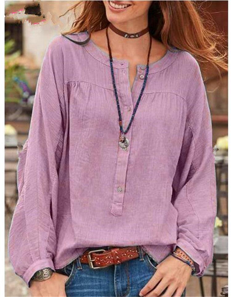 Button Solid Color Long Sleeved Casual Fashion Blouse - BUNNY BAZAR