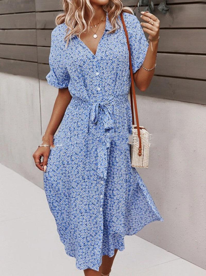 2021 New Floral Print Lapel Button Knotted Short Sleeve Dress - BUNNY BAZAR