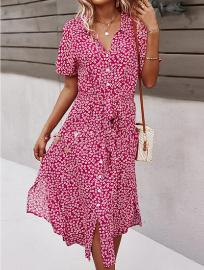 2021 New Floral Print Lapel Button Knotted Short Sleeve Dress - BUNNY BAZAR