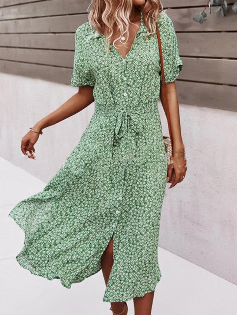 2021 New Floral Print Lapel Button Knotted Short Sleeve Dress - BUNNY BAZAR